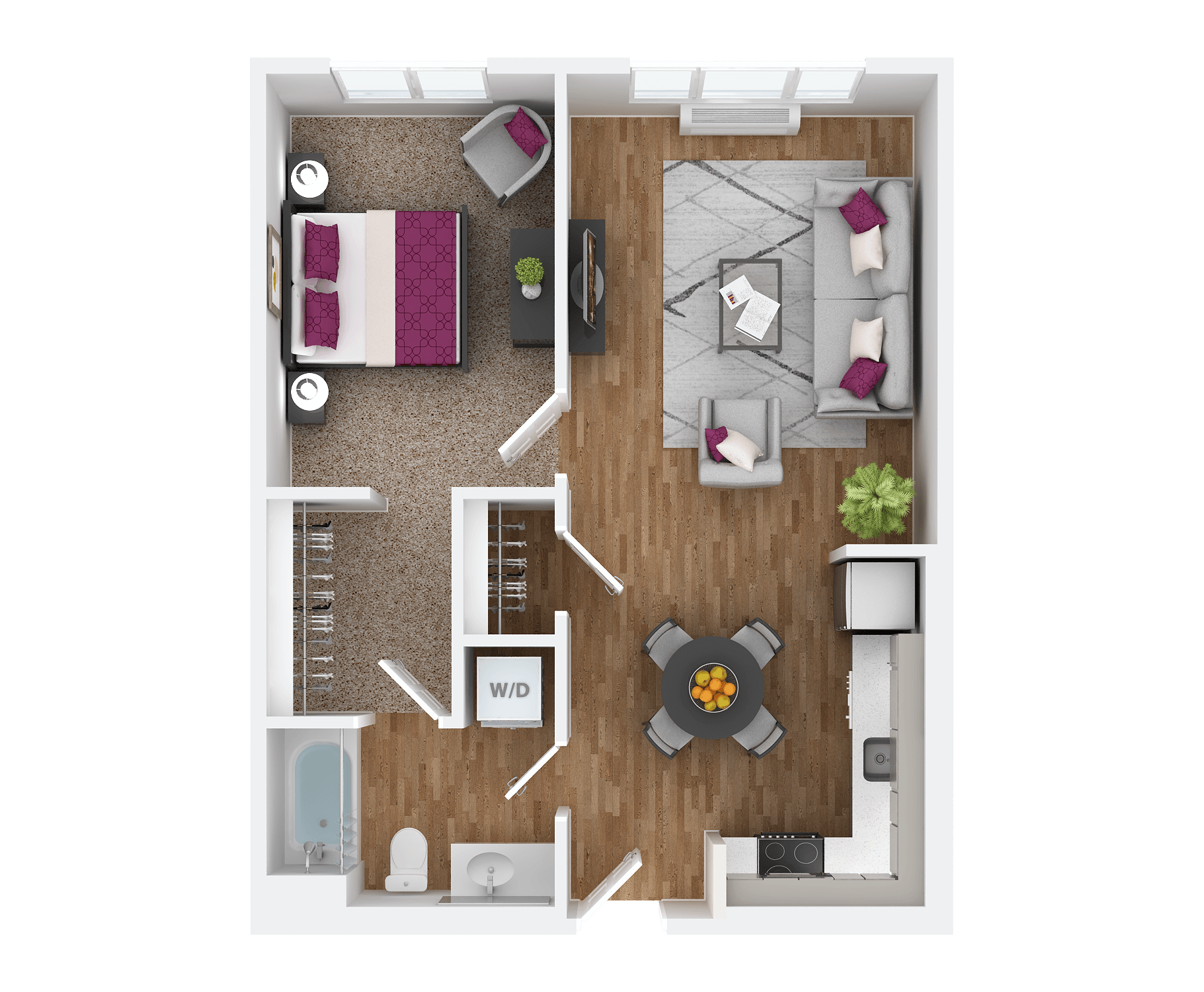 Floor plan for 1 bed, 1 bath, 692 sqft